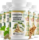 Ginko Biloba & Panax Ginseng Suplemento - Red Ginseng for Memory and Focus - Ginkgo Biloba for Good Vision, Immune System and Improved Blood Flow (360 Tablets: 6 Bottles)