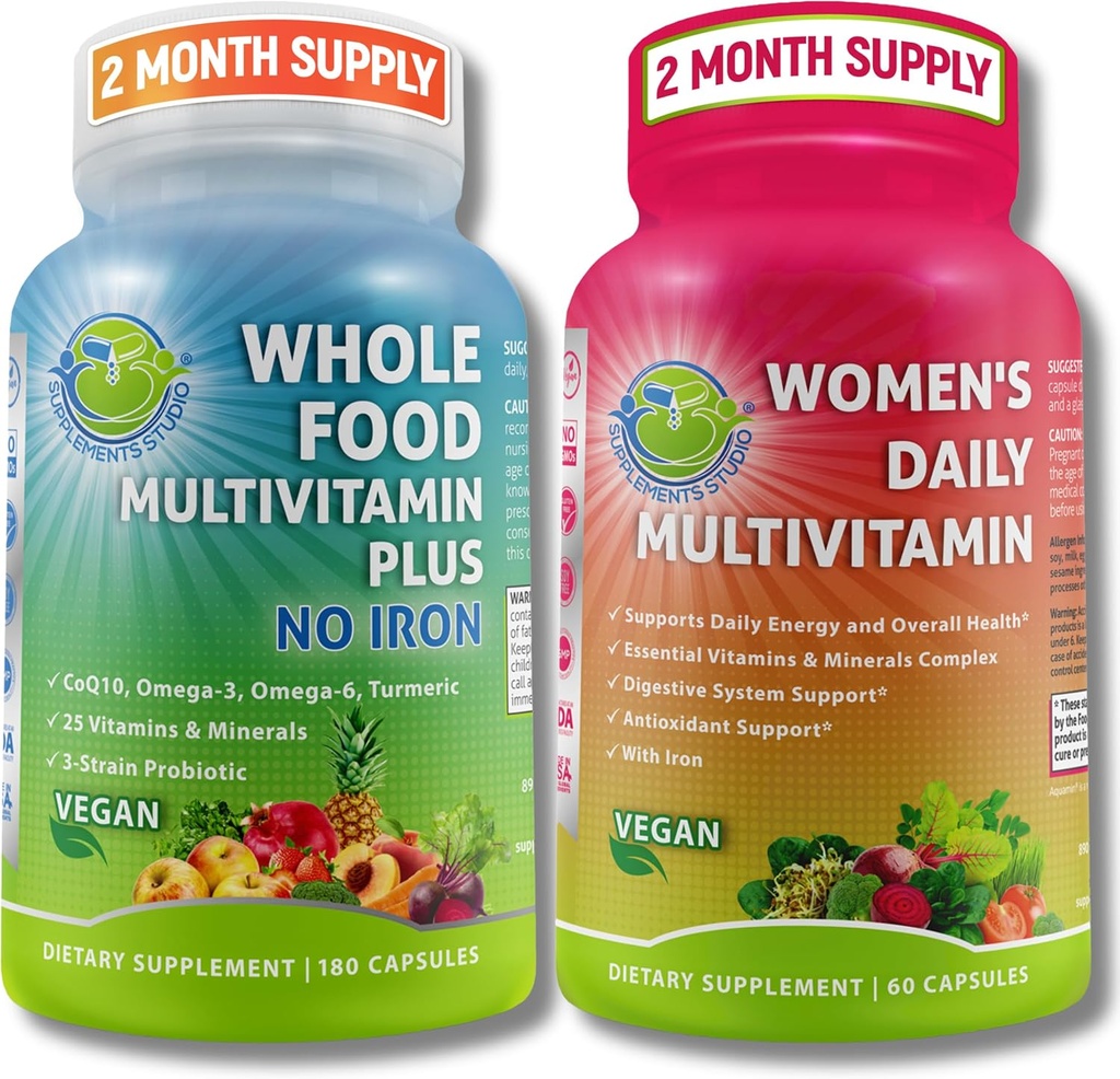 SUPPLEMENTOS ESTUDIO Soporte integral de mujeres multisistem Duo – Alimento completo multivitamina Sin Hierro + Multivitamina diaria de mujeres con hierro – Vegano, No GMO, Clean Daily Wellness Support