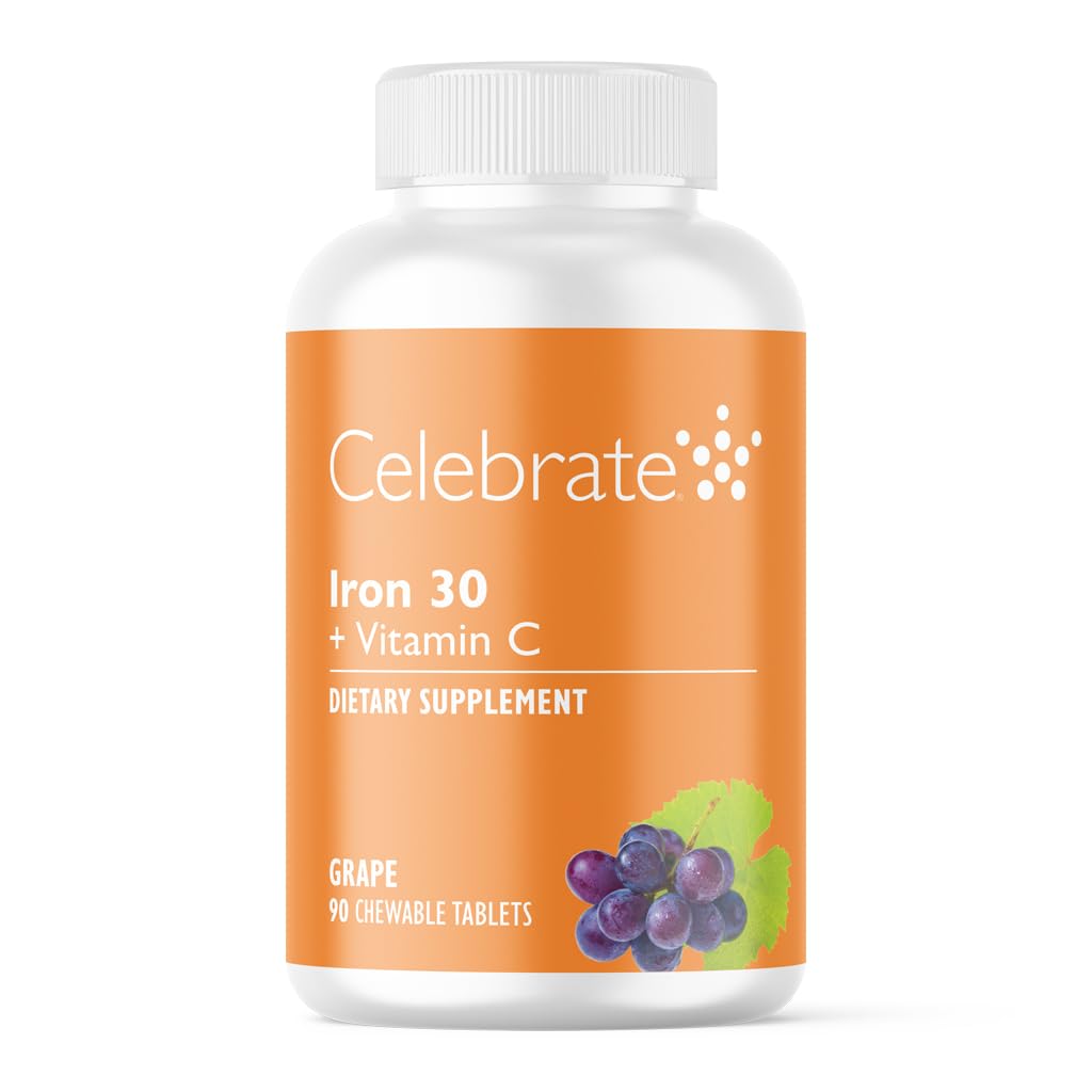 Celebrar vitaminas Suplemento de hierro con vitamina C - 30 mg Hierro, vitamina C de 60 mg, vitaminas barátricas para pacientes de WLS, escledo vertical y cirugía de derivación gástrica - uva, 90 tabletas quijadas