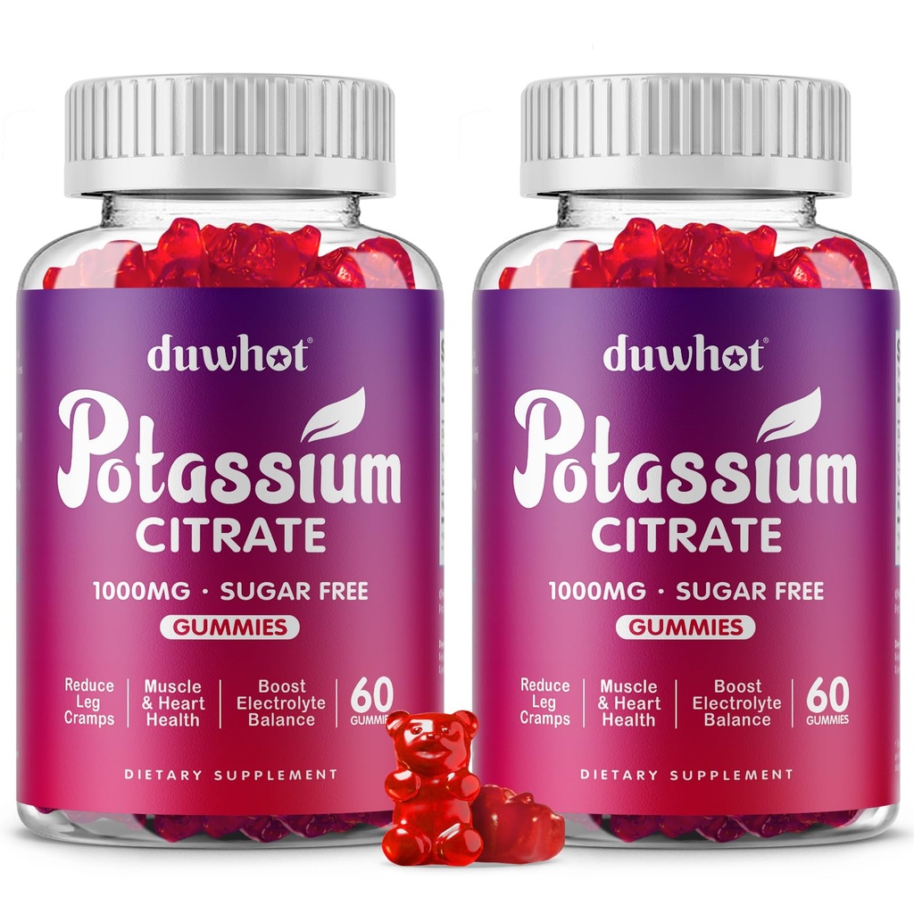 Citrato de potasio 1000mg Gummies, Suplemento de Potasio para Adultos Mujeres &amp; Hombres, Apoyo Leg Cramps &amp; Muscle Health, 120 Chewables