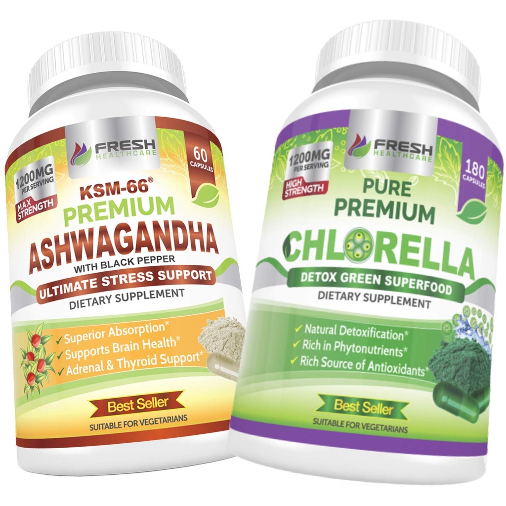 FRESH HEALTHCARE Ashwagandha KSM 66 and Chlorella Detox Superfood - Bundle