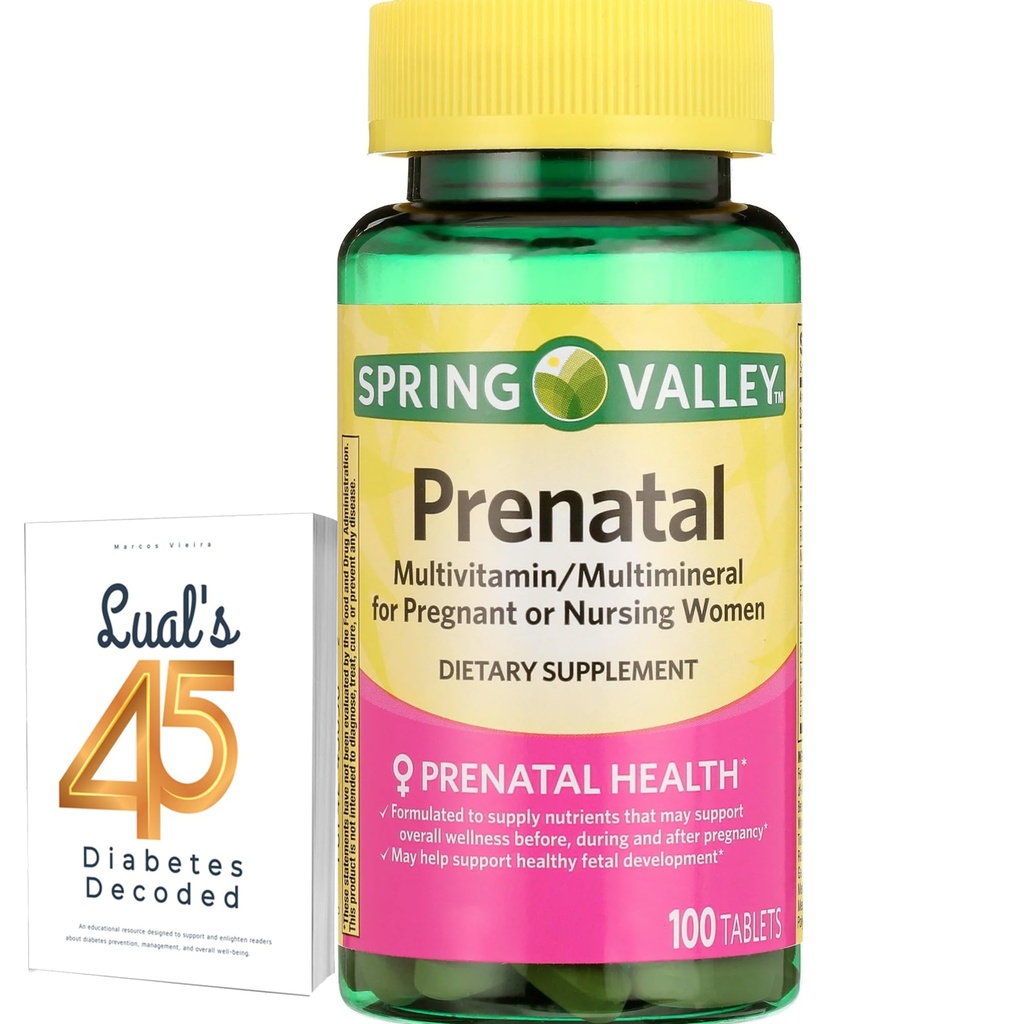 Spring Valley Multivitamínico Prenatal 100 Tabletas, Vitaminas Prenatales para Mujeres, El embarazo debe tener suplemento de folato, Agrupamiento con 45 Diabetes de Luall Decodificado