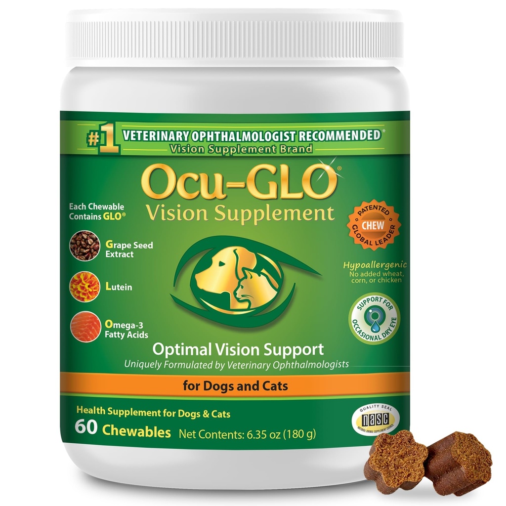 Ocu-GLO Cat & Dog Supplement for Eye Support - Chewable Vision Vitamins Supplements for Large and Small Pets Care with Lutein, Omega-3 Fatty Acids, Grape Seed Extract & Antioxidants