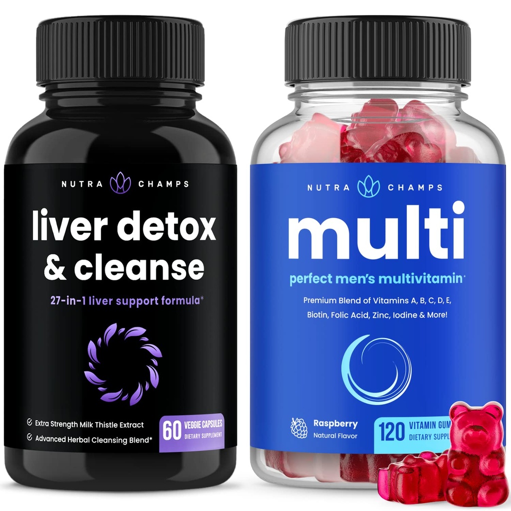 NutraChamps Liver Cleanse Detox Capsules and (2-Pack) Hombres Multivitamin Gummies Bundle