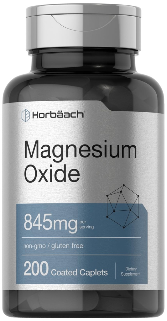Oxido de magnesio de Horbäach TEN 845 mg TENIDO 200 Caplets Coated TEN Vegetariano, No GMO, y Gluten Suplemento Libre