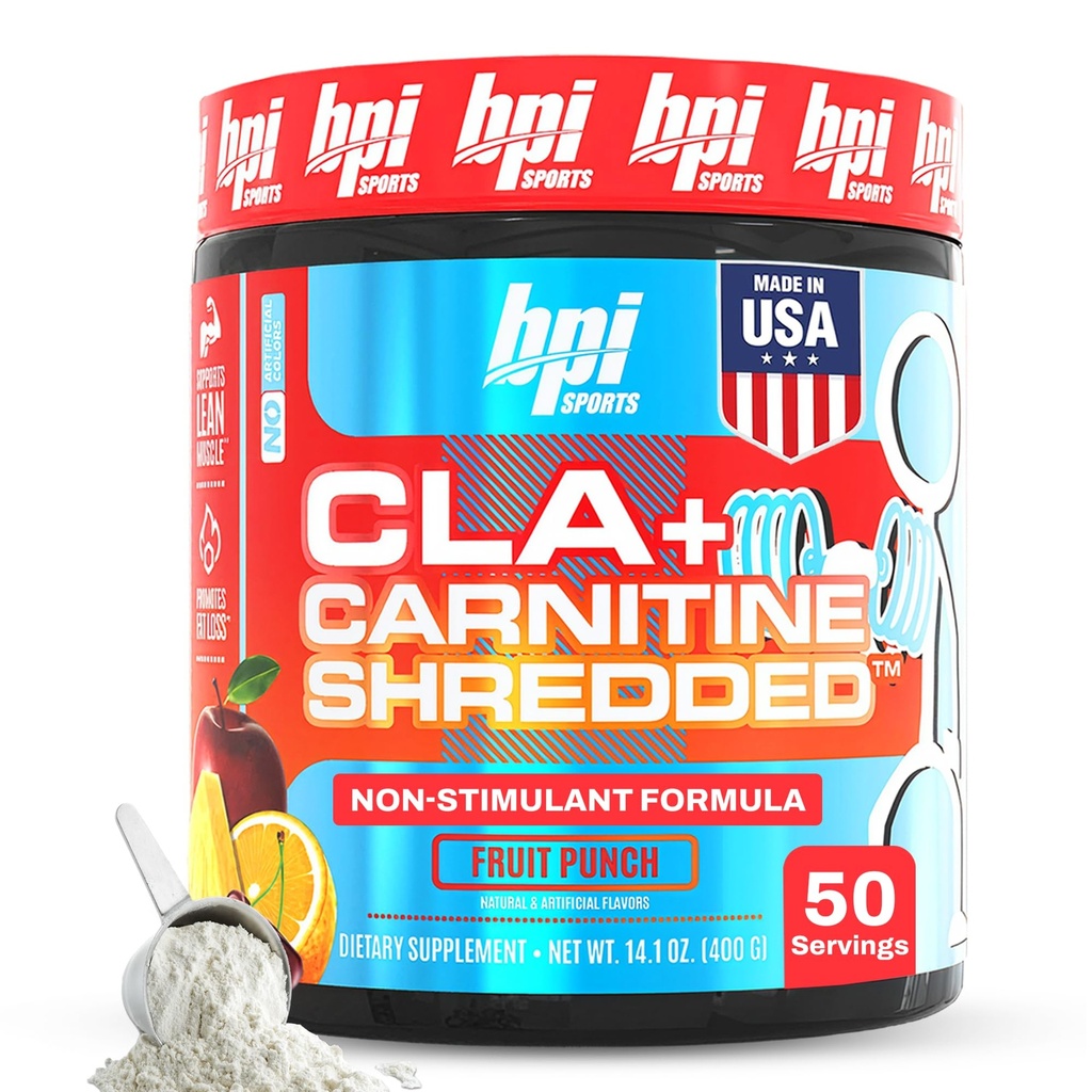 BPI Sports CLA + Carnitine Shredded - Convertir Fat Cells Into Energy and Supports Lean Muscle, Boost Metabolism - Suplemento L-Carnitine no estimulante - Fruit Punch (14.1 oz. / 50 Servings)