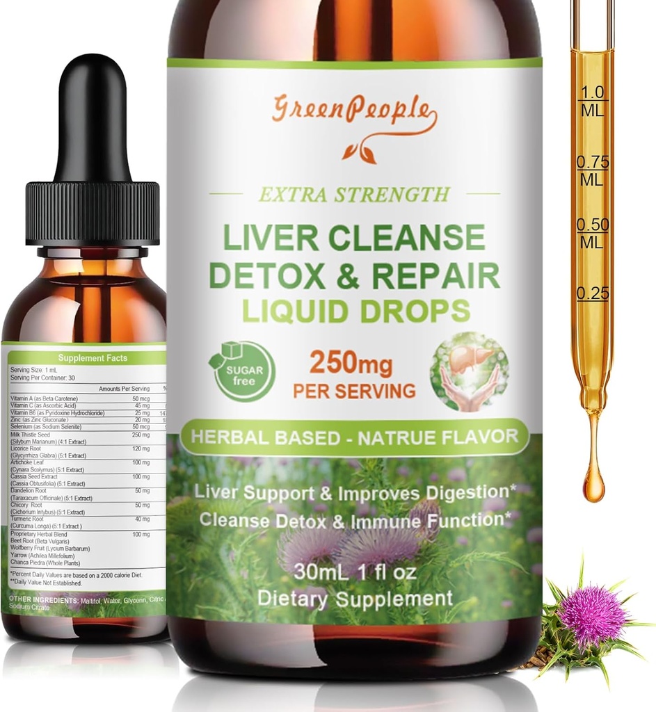 Detox & Reparación de gotas - Suplemento del hígado w/Milk Thistle Silymarin, Artichoke & Dandelion for Liver Detox & Support- 16x Potent Herb-Nutrients - 1Fl Oz Natural Flavor