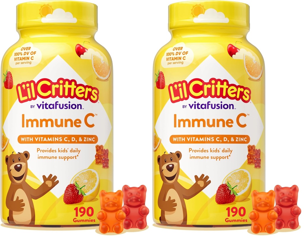 L’il Critters Immune C Daily Gummy Suplemento Vitamina para Niños, para Vitamina C, D y Zinc para Immune Support, Orange, Lemon y Cherry Flavors, 190 Gummies (Pack of 2)