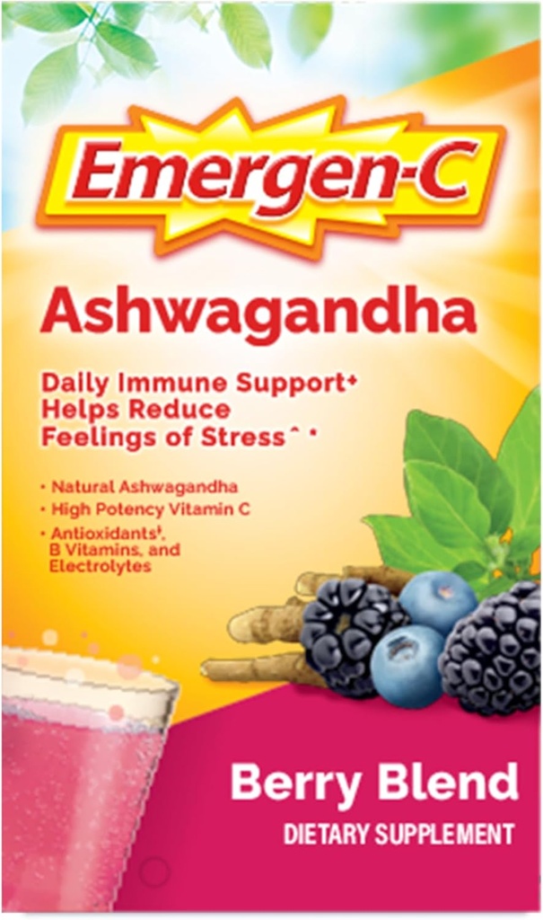 Emergen-C Vitamina C Ashwagandha Bebida Mix, Suplemento dietético para el soporte de inmuno, Berry Blend - 18 Conde