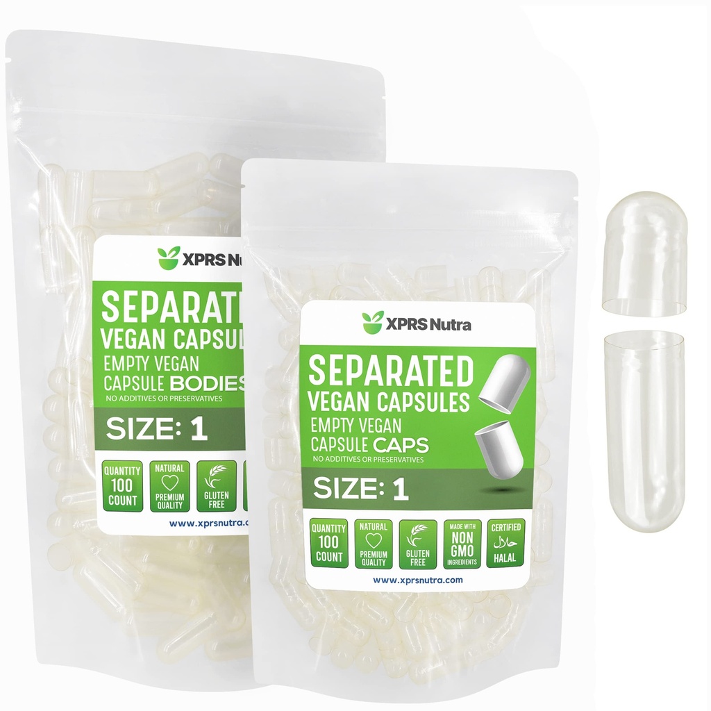 XPRS Nutra Vegan Tamaño 1 Cápsulas separadas - 100 Cápsulas vacías de alta calidad Separadas en bolsas - Píldoras 1 Vacío para relleno de suplementos de bricolaje