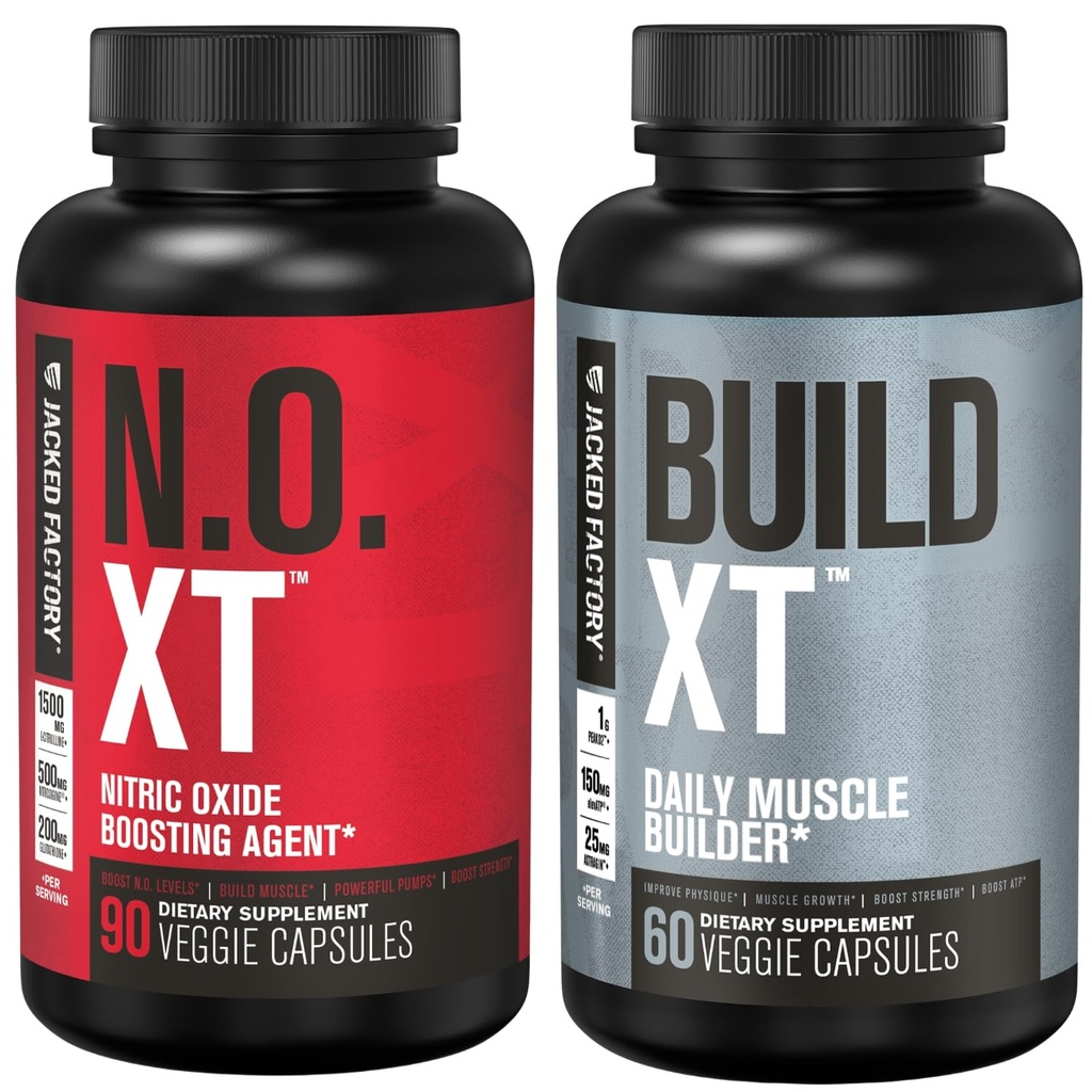 Jacked Factory Muscle Builder Supplement Stack - Build-XT Muscle Builder & N.O. XT Nitric Oxide Boosting Agent for Dual Support (30 Day Supply)