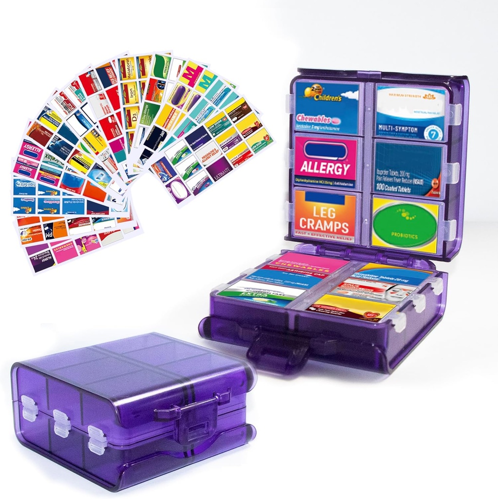 Gran organizador de píldoras con etiquetas de medicina, dispensador de píldoras de 12 departamentos Caso de almacenamiento de medicamentos de viaje, caja de píldoras de 7 días para suplementos de vitaminas (Purple, 161 etiquetas)