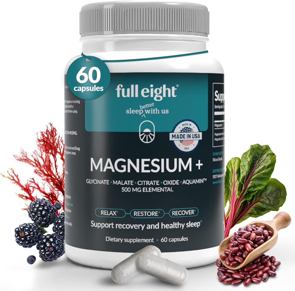 Magnesium+ Complejo Glycinate 500MG Elemental – High Potency Magnesium Suplemento Mineral para el sueño, la función muscular y la calma – Incluye Malate, Citrato, Oxide – Apoyo sueño relajante – 60 caps
