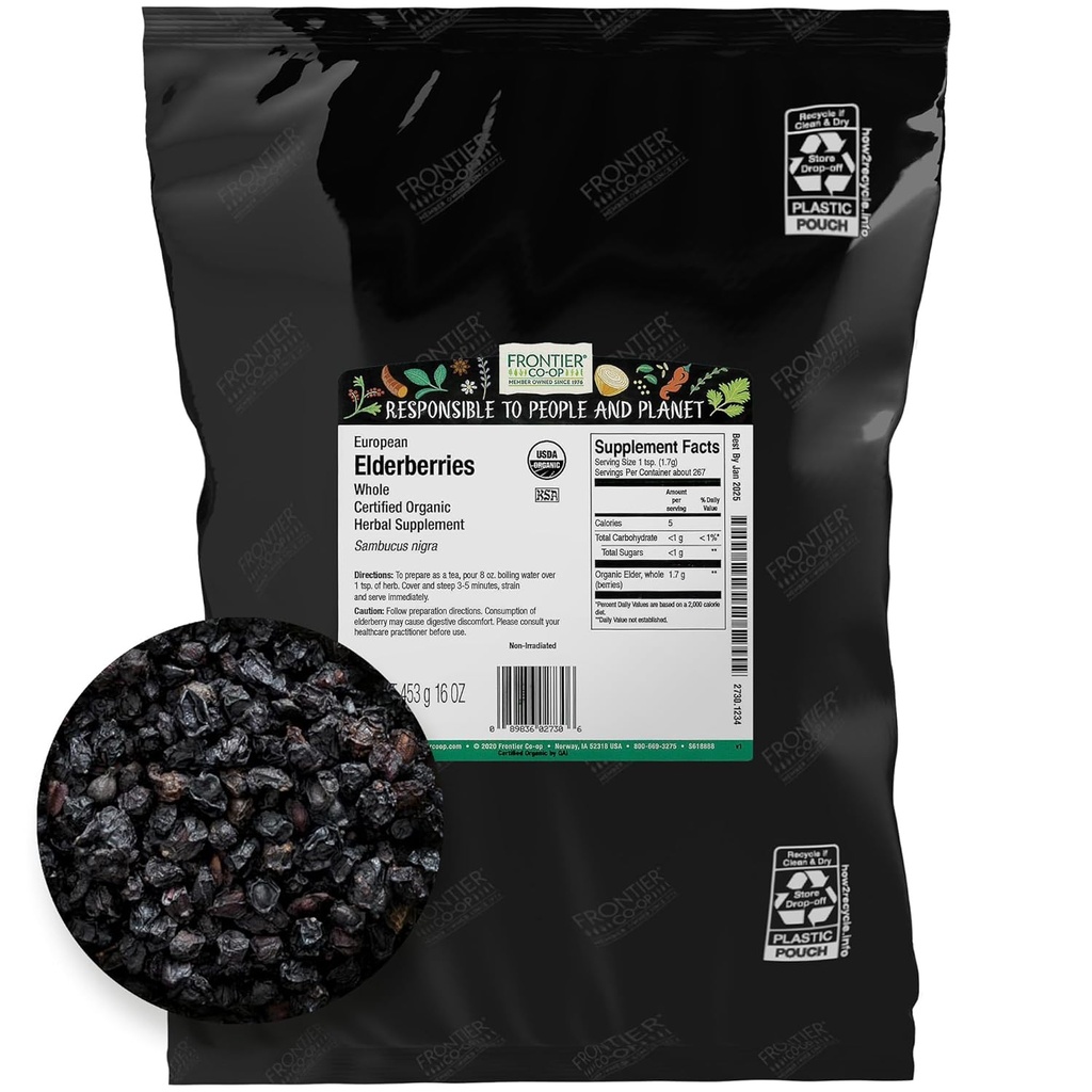 [BRSWKEYOBYCBQDAV] Frontier Co-op Dried Elderberries Organic, 2lb Bulk Bag, Whole Berries - Kosher y Non-GMO Fruto seco para jarabe de arándanos, té y polvo