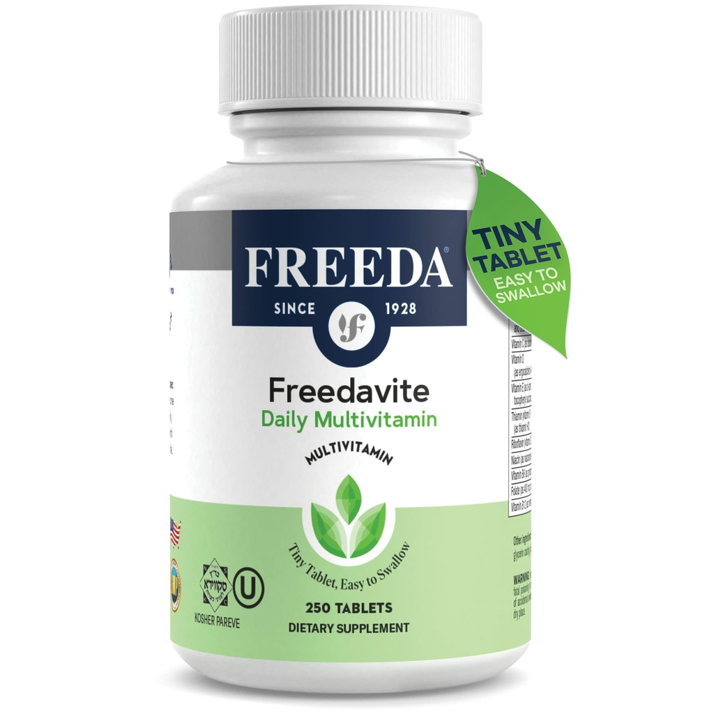 Freedavite Tiny Tablet - Multivitamina moderada para hombres y mujeres - Pura vitamina A, C, D, E, B1, B2, B6, B12, Biotina, Calcio, Zinc, Hierro, Magnesio, Manganese, Cobre, Selenium, Iodine - 250 Conde
