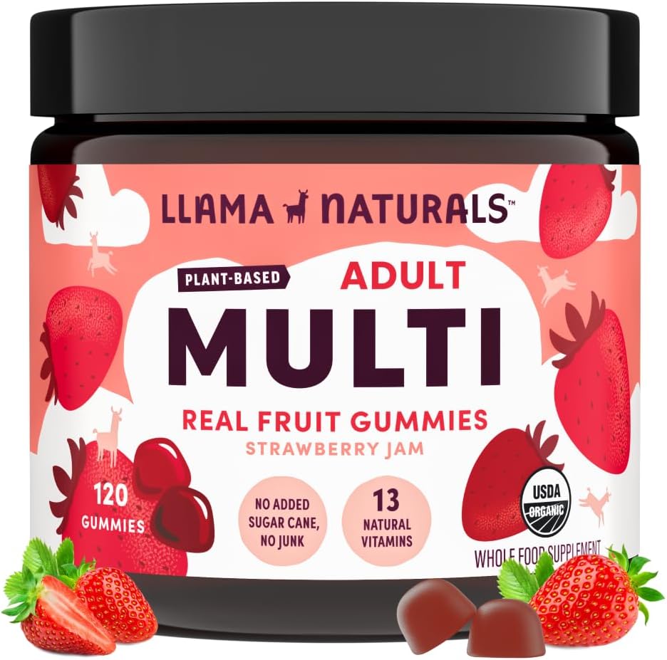 Llama Naturals Multivitamina para Mujer &amp; Hombres, Vegan, Gummies Orgánicas con Vitamina D, C & K, Adultos Real Fruit Gummy Vitaminas, Suplemento Multivitamínico Chewable, No Añadido caña de azúcar, Fresa, 120 Ct
