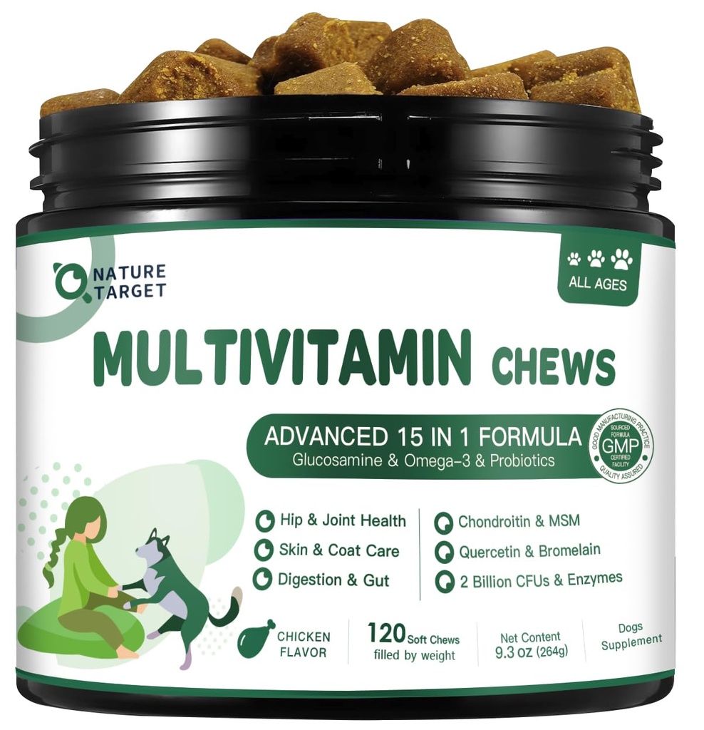 NATURE TARGET Multivitamin for Dogs - con MSM &amp; Glucosamine, Omegas 3 &amp; 6, Probióticos para la Salud Digestiva, Soporte Conjunto, Skin &amp; Coat, Sistema Inmunitario &amp; Salud Global 120 Soft Chews