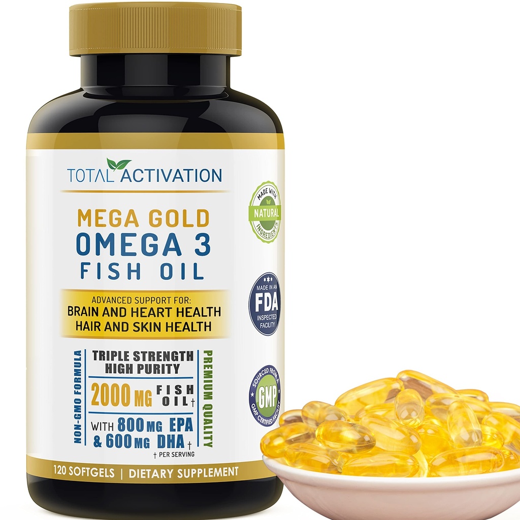 Suplemento de aceite de pescado Omega 3 – 2000 mg con EPA DHA &amp; Vitamina E – Burpless, triple fuerza de apoyo para hombres y mujeres – 120 Easy Swallow Softgels