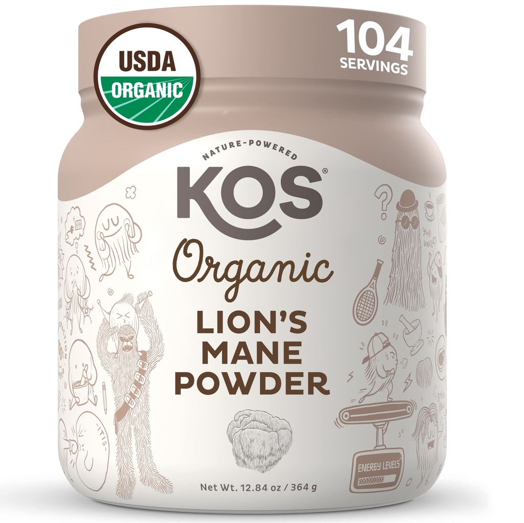 KOS Organic Lion's Mane Powder - Natural Nootropic Superfood - Vegan Funal Mushroom, Planta Basada, USDA Certified, Non-GMO, Soy &amp; Gluten-Free - 104 Servimientos