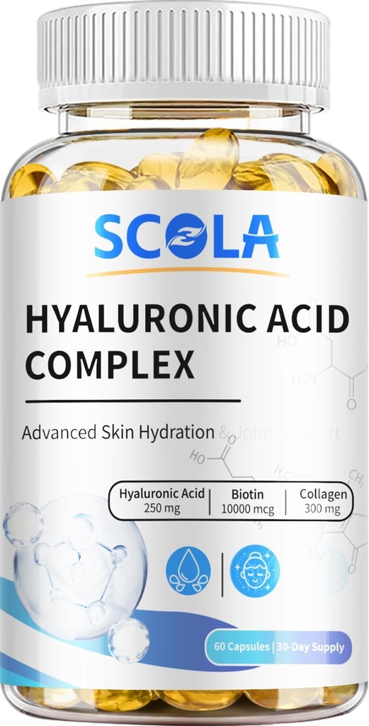 Cápsulas de ácido hialurónico SCOLA - 250mg HA + 10,000mcg Biotin, 60 Cápsulas veganas vivieron Hidratación profunda, Peluquería & Nail Support ← Non-GMO Formula
