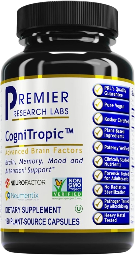 Premier Research Labs CogniTropic - Suplementos cerebrales para la memoria y el foco, Focus Suplemento, Brain and Memory Power Boost, Clarity Vitamins for Brain, Memory Support - 120 Vegetarian Capsules