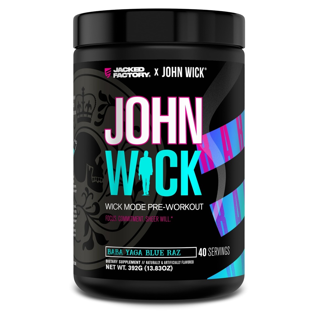 Jacked Factory X John Wick - Wick Mode Pre Workout Powder - Energía intensa, Battle-Ready Focus, Compromiso imparable, y Sheer Will - 40 Servings, Baba Yaga Blue Raz