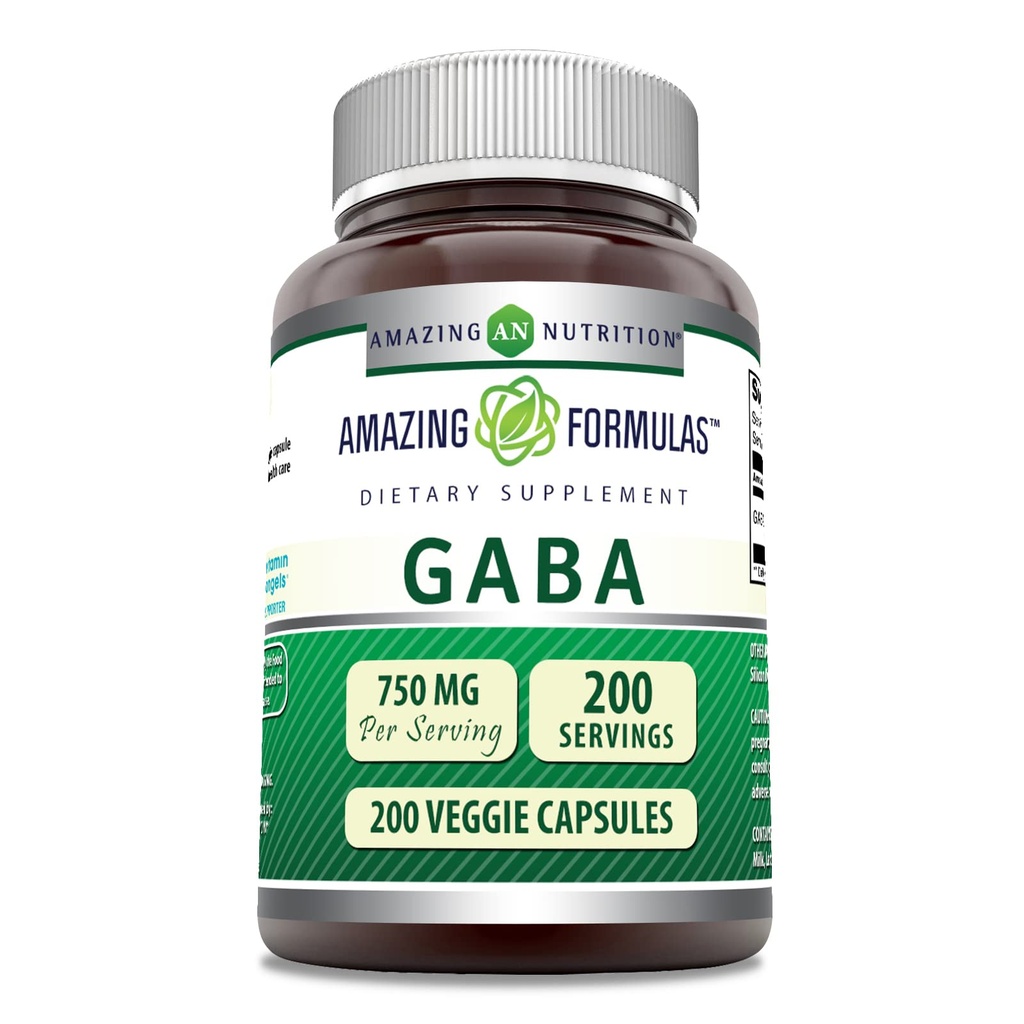 Fórmulas increíbles GABA 750mg Por Serving Veggie Capsules Suplemento Silencio No Gluten Libre Silencio Hecho en EE.UU. habit Ideal para Vegetarianos (200 Conde)
