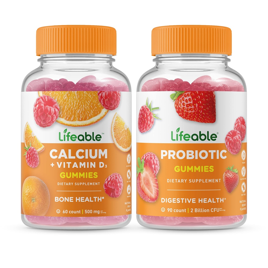Calcio Lifeable con vitamina D + Probiótico 2 Billones CFU, Gummies Bundle - Gran Tasting, Suplemento de vitamina, Gluten Gratis, GMO Gratis, Chewable