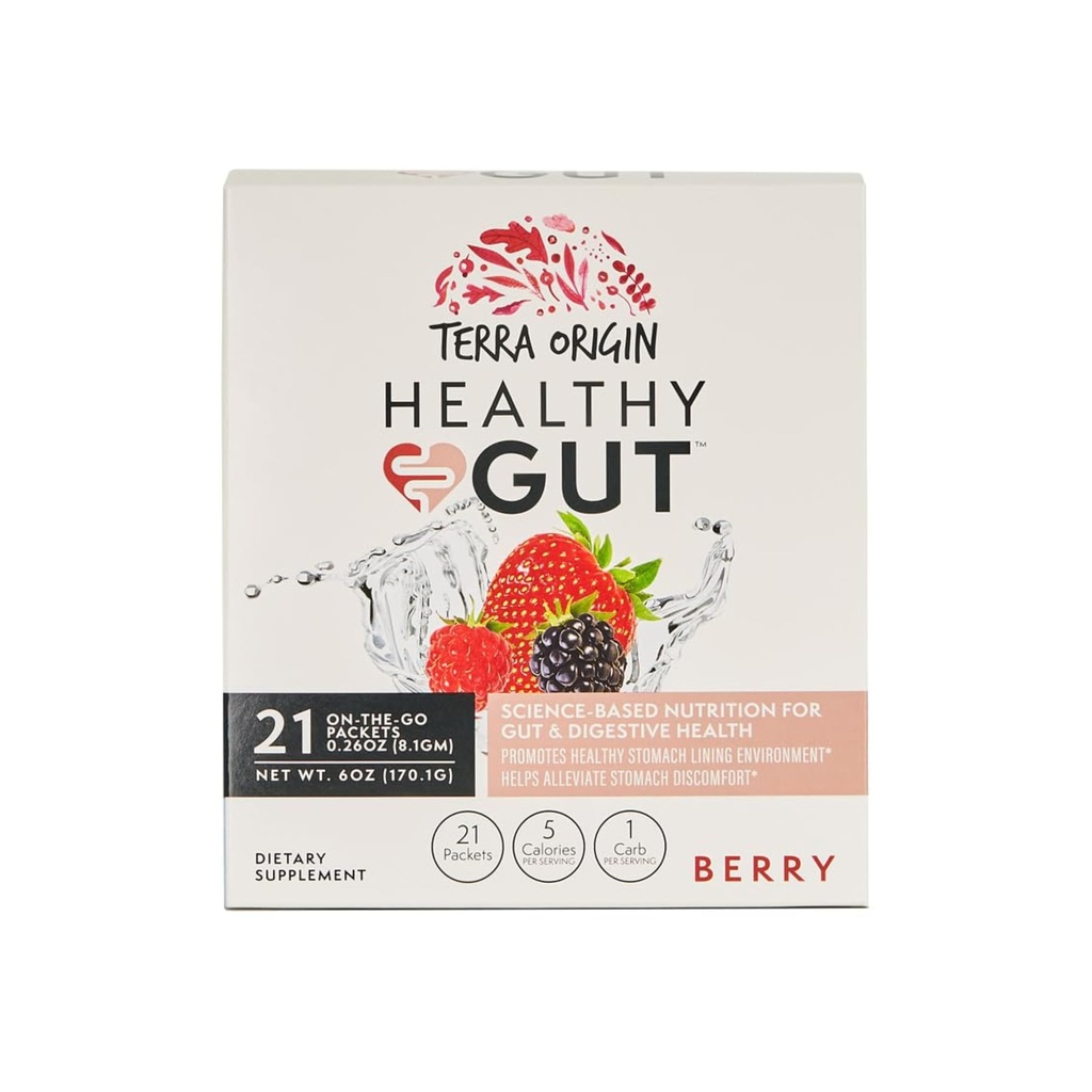 TERRA ORIGIN Healthy Gut Stick Packs, L-Glutamine, Slippery Elm, Aloe Vera, Licorice Root Extract, Gut Health, Digestive Support, Leaky Gut Repair, Immune Function, On-The-Go, 21 Ct, Berry