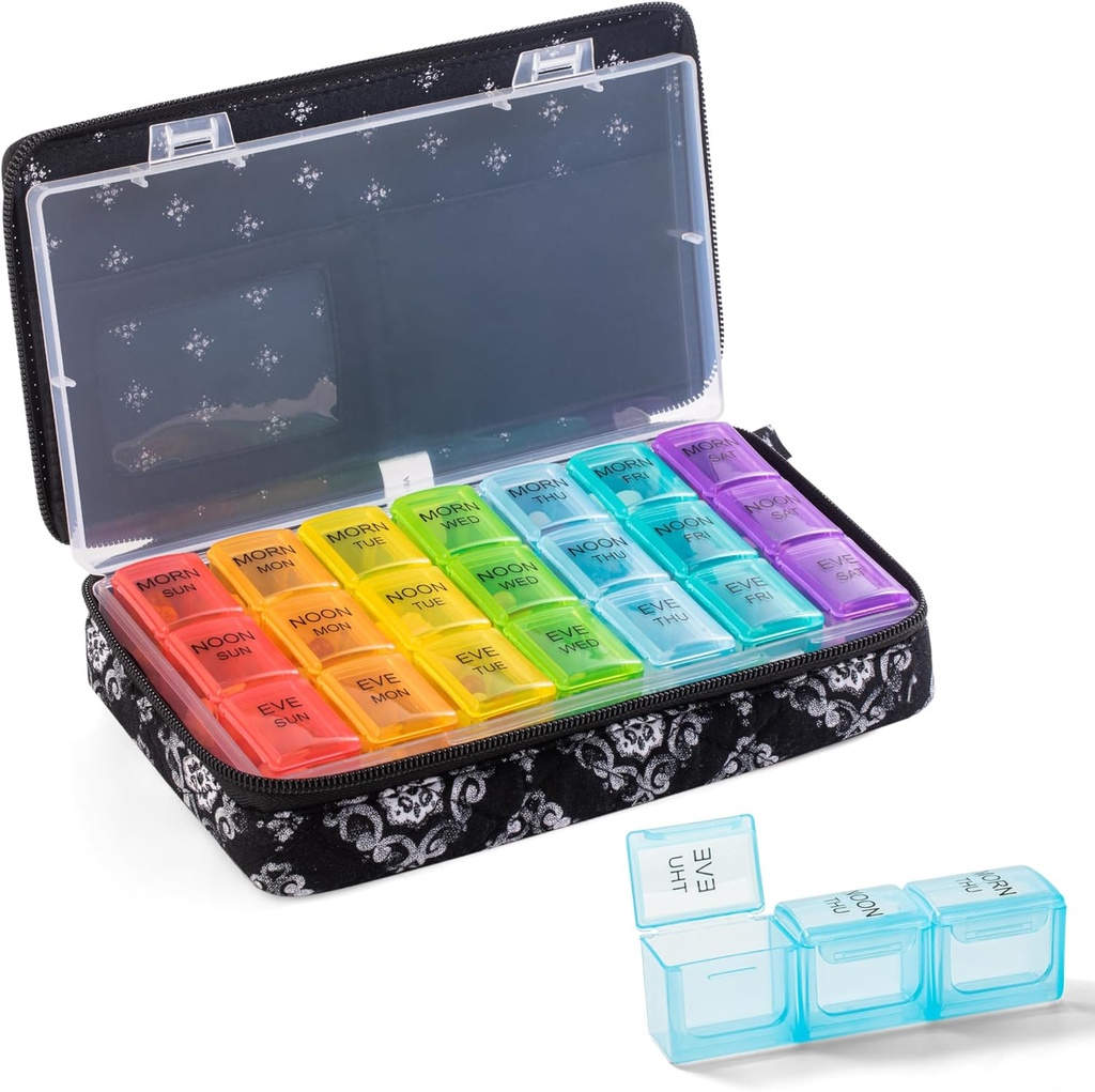 Organizador semanal de píldoras 3 veces al día - Pill Box 7 día 3 veces al día con lindo bolso de cremallera de tela cortada- caja de carga 7 día 3 veces al día para organizador de medicina de vitaminas