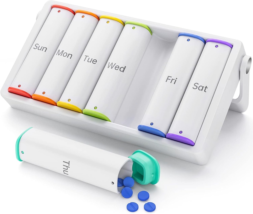 Organizador semanal de píldoras 2 veces al día, KOVIUU caja grande de píldoras de viaje 7 día, Am Pm Twice Daily Pill Case with Rotatable Handle, Pill Holder Container for Vitamin, Medicine, Supplement, Fish Oil, White