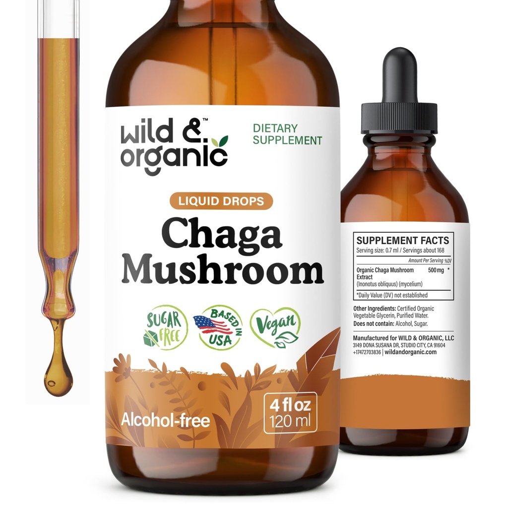 Wild &amp; Organic Chaga Mushroom Drops - Immune Support with Chaga Extract - Liquid Mushroom Supplement for Immunity - Vegan, Sugar &amp; Alcohol-Free Tintura - 4 fl oz