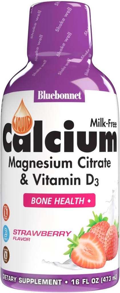 Bluebonnet Nutrición Calcio líquido Citrato de Calcio, Citrato de Magnesio, Vitamina D3, Sanidad de Hueso, Libre de gluten, Soy Libre, Leche Libre, Kosher, 32 Servimientos, Sabor de Fresa, 16 Fl Oz (Pack of 1)
