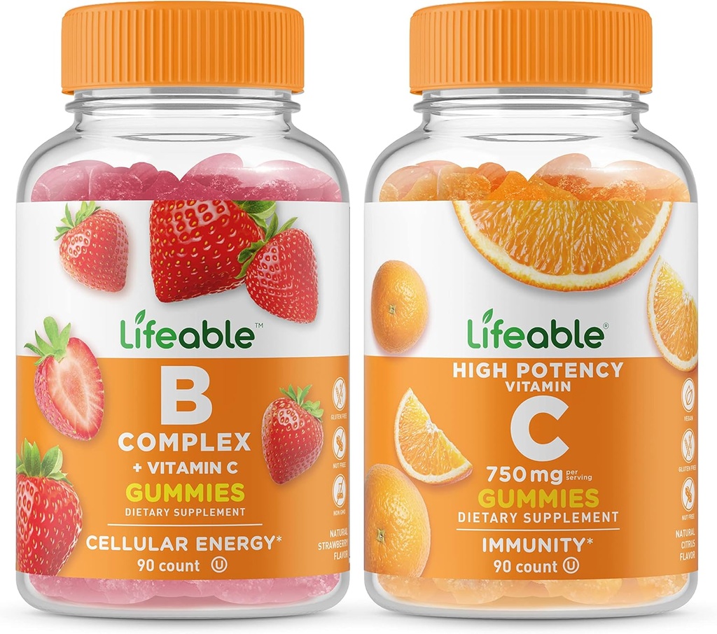 Complejo B Lifeable + Vitamina C 750mg, Gummies Bundle - Gran Tasting, Suplemento de vitamina, Gluten Gratis, GMO Libre, Chewable