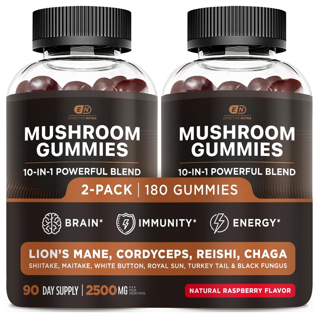 EFFECTIVE NUTRA Mushroom Gummies 2500mg ← 10 Blend w/Lions Mane, Reishi, Chaga, Cordyceps &amp; More peru Focus, Memory, Immunity, Energy TEN Natural Berry Flavor Supplement TEN Vegan, Made in USA (2-Pack)