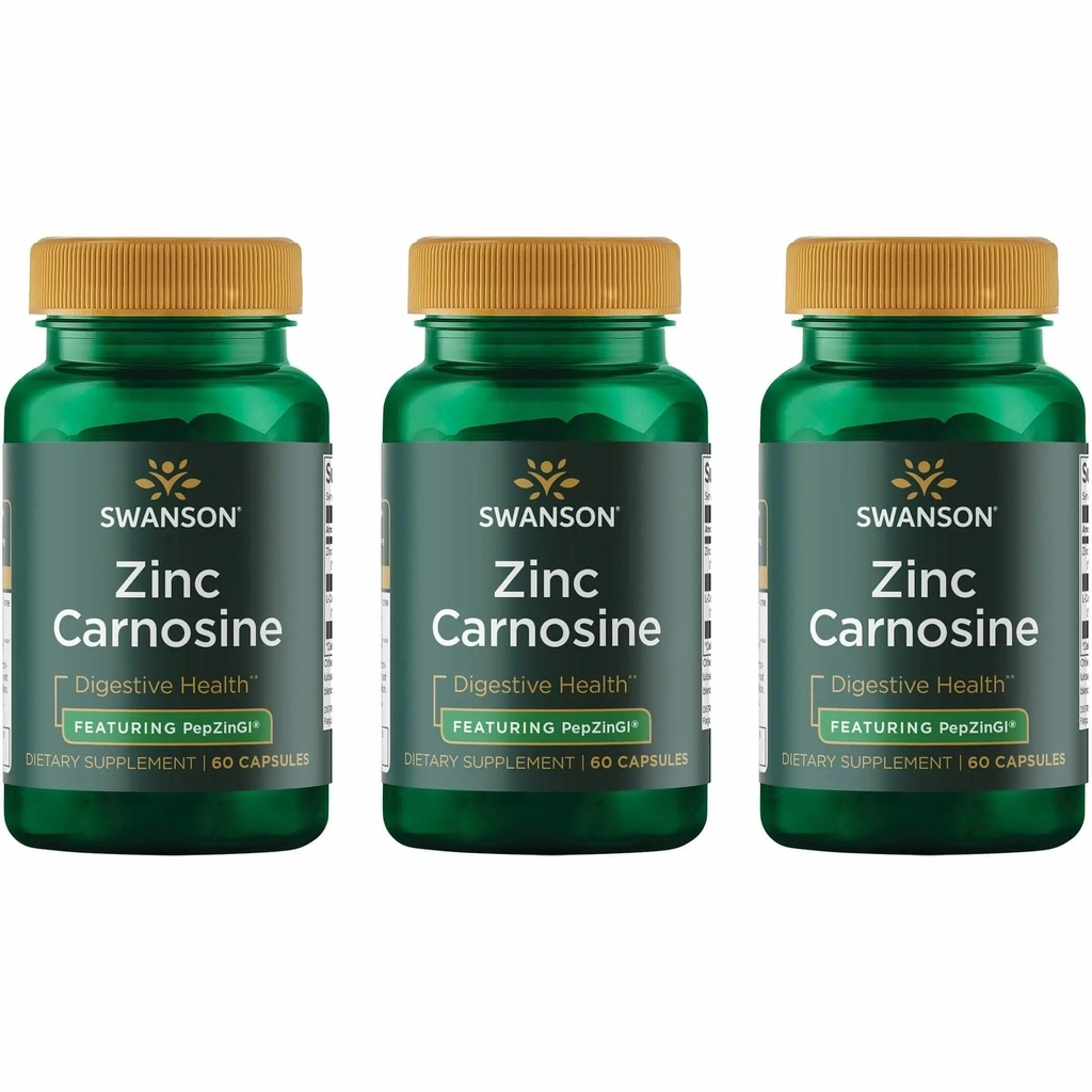 Swanson Zinc Carnosine (PepZin GI) - Suplemento Natural Promoción de la Salud Gástrica &amp; Apoyo Digestivo - Apoya el equilibrio microbiano en el estómago - (60 cápsulas) (3 Pack)