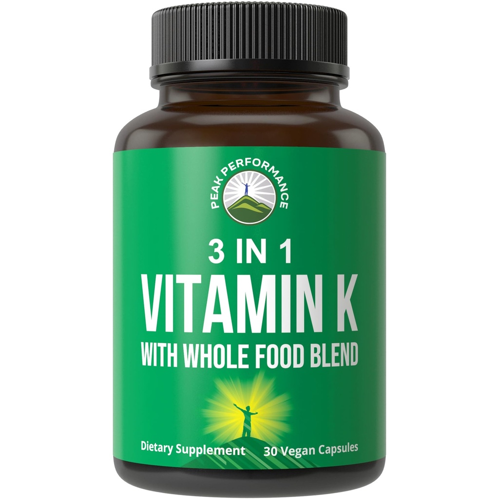 Vitamina K con una mezcla entera de alimentos de 25+ Verduras y Frutas para Max Absorción. Suplemento Vegan Capsules. Vitaminas K1, K-2 MK4 + K2 Natto MK7. Alternativa a las gotas, Gummies. VIT K con K 2 y MK-7