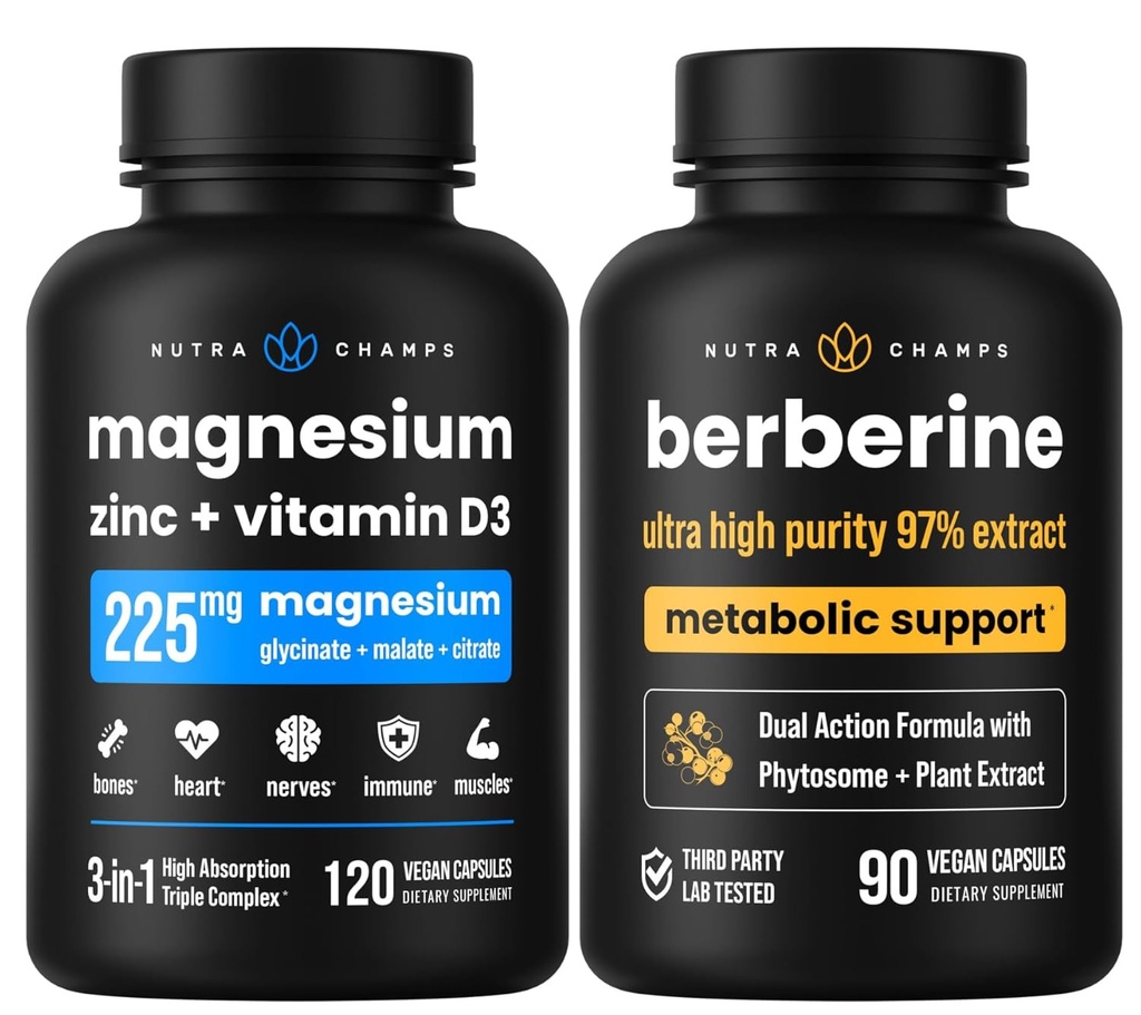 NutraChamps Complete Bone &amp; Metabolic Support : Magnesium Zinc D3 &amp; Berberine Duo