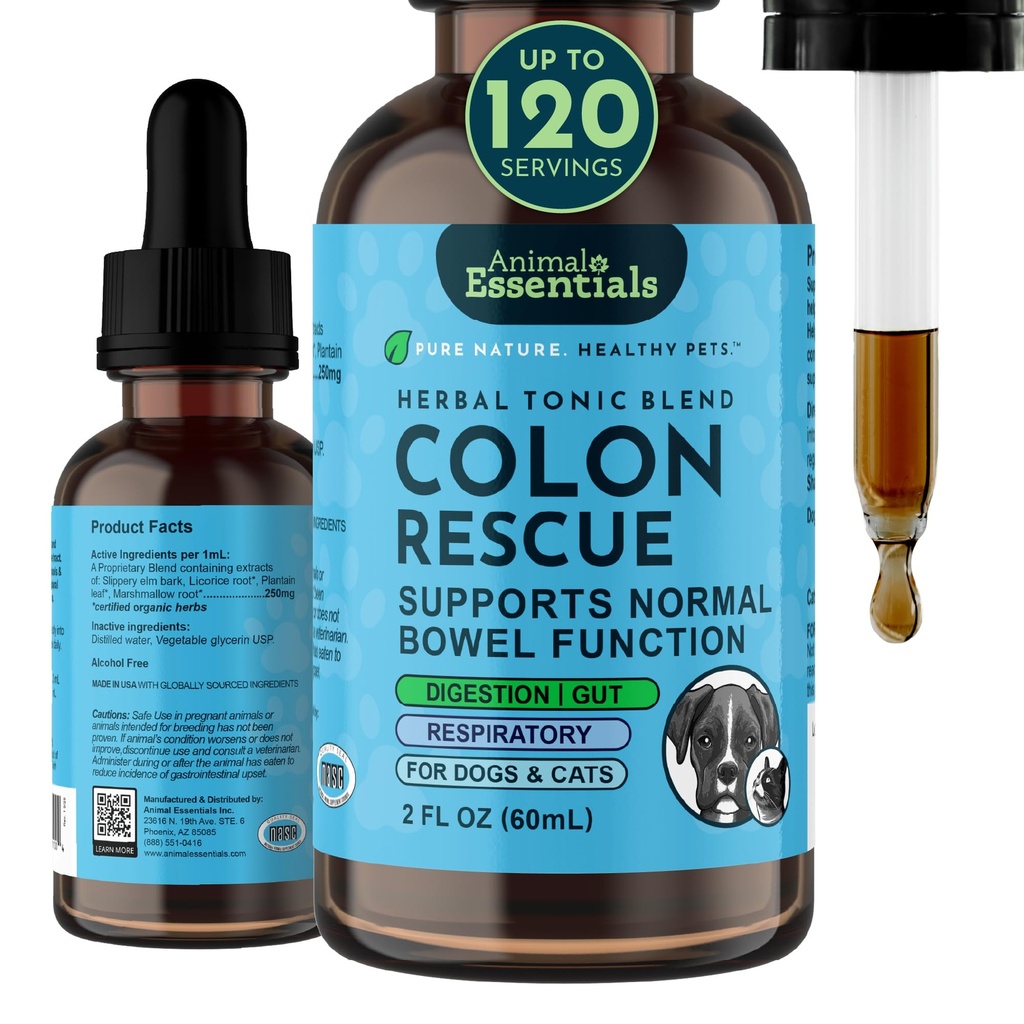 Animal Essentials Colon Rescate - Dog Stool Softener, Organic Slippery Elm Bark, Fast Acting Anti Diarrhea Liquid Drops for Dogs & Cats, Natural Constipation Relief Supplement for Pets - 2 fl oz