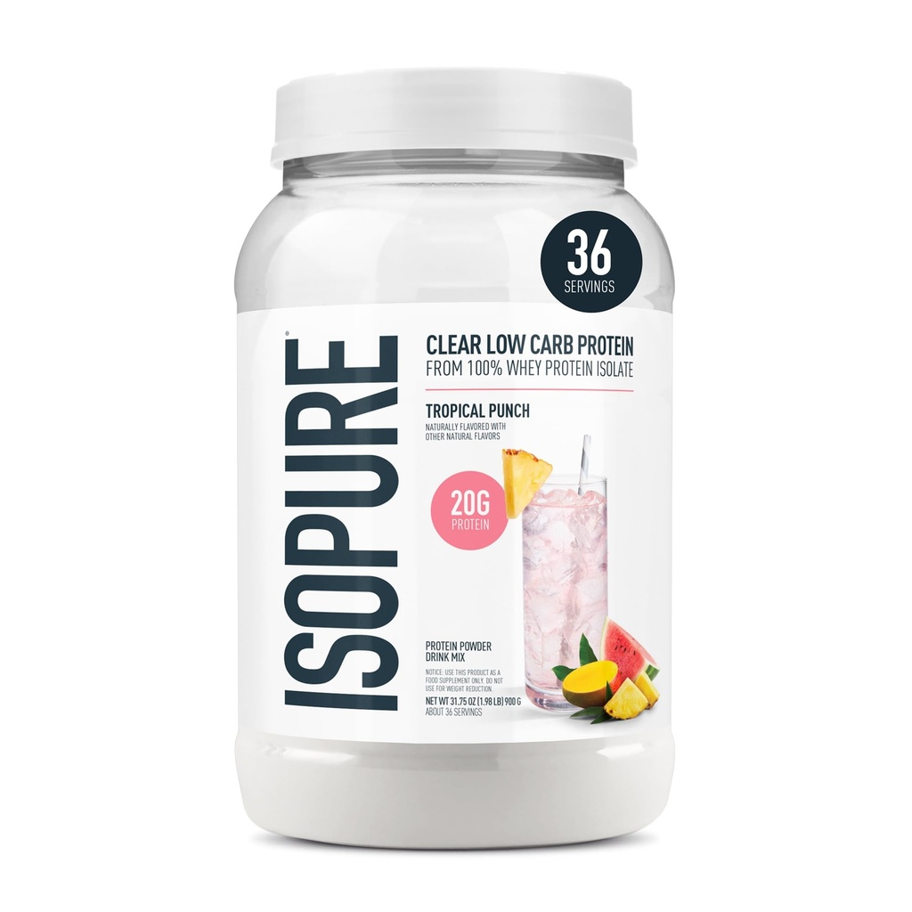 Isopure Clear Whey Isolate Protein Powder, Lactose Free, Gluten Free, Naturally Flavored, Tropical Punch, 20g Protein Por Serving, 1.9 Lbs, 36 Servings (Packaging May Vary)