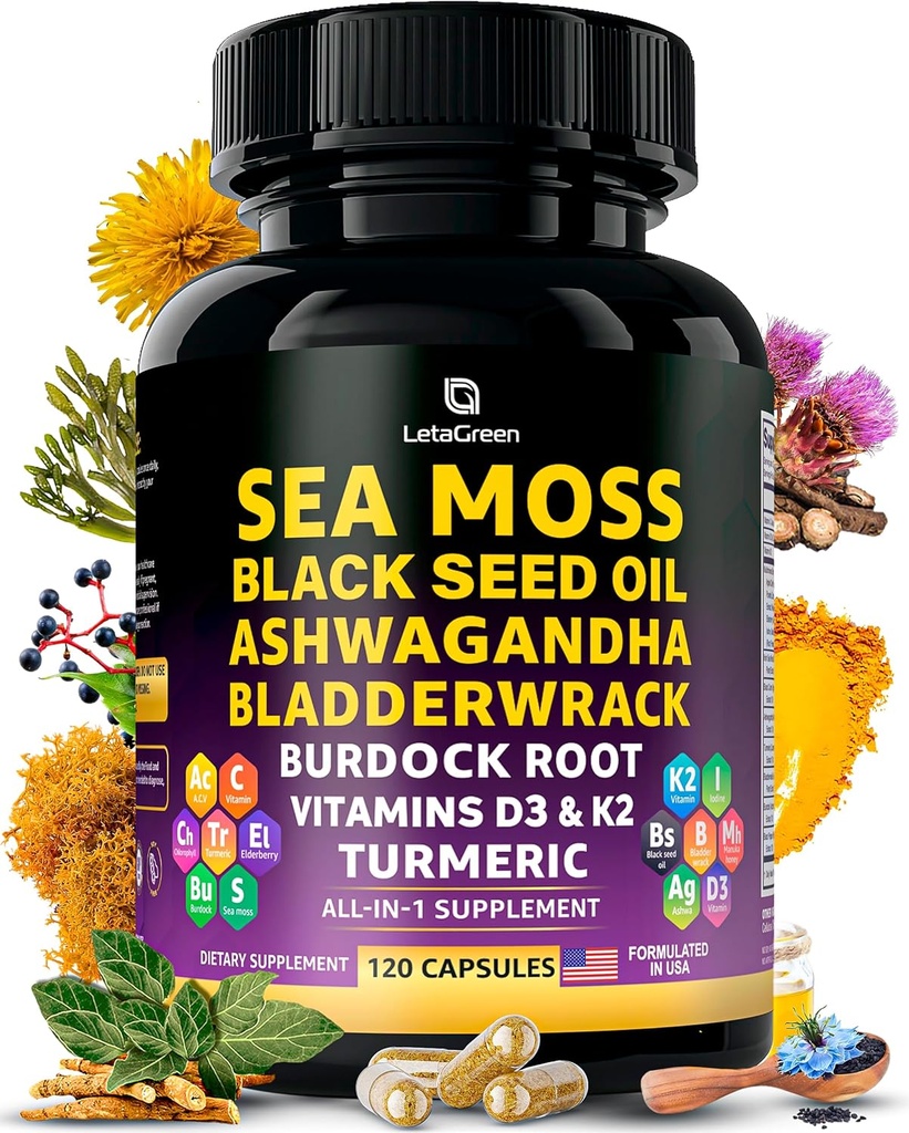 Sea Moss Capsules – 17-en-1 Blend con Black Seed Oil Ashwagandha Fledderwrack Burdock Root Turmeric Vitamina D3 K2 C para el bienestar diario – Suplemento multimineral para hombres y mujeres – 120 Conde