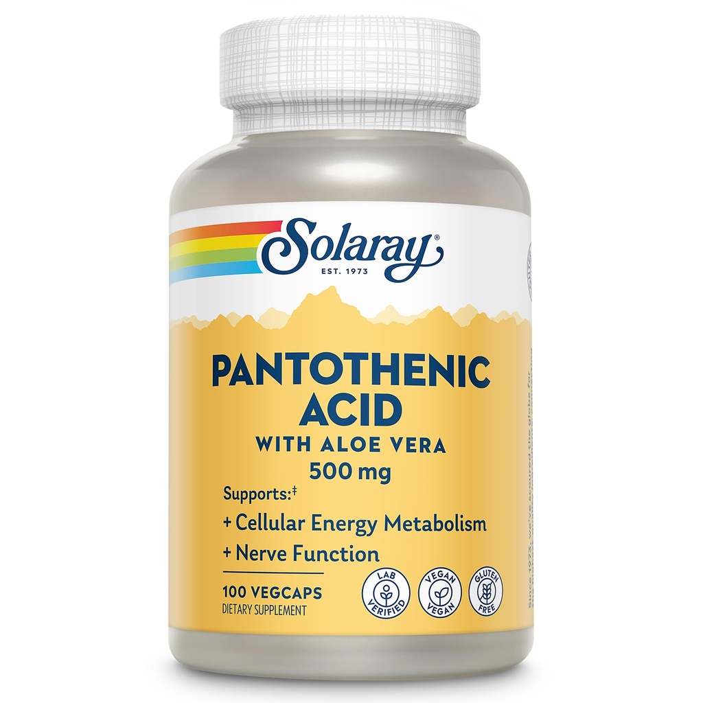 SOLARAY Ácido Pantoténico 500mg - Vitamina B 5 para Coenzime-A Producción y Energía Metabolismo, Pelo, Piel y Nails Soporte - Vegan, Lab Verified, 60-Day Garantía - 100 Servimientos, 100 VegCaps