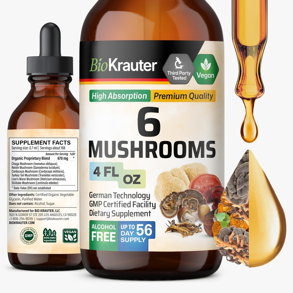 BIO KRAUTER 6 Mushrooms Suplemento 6-in-1 - Lions Mane, Shiitake,Turkey Tail, Cordyceps, Reishi & Chaga Liquid Extract - Mushroom Complex Tincture - Vegan Drops 4 Fl.Oz.