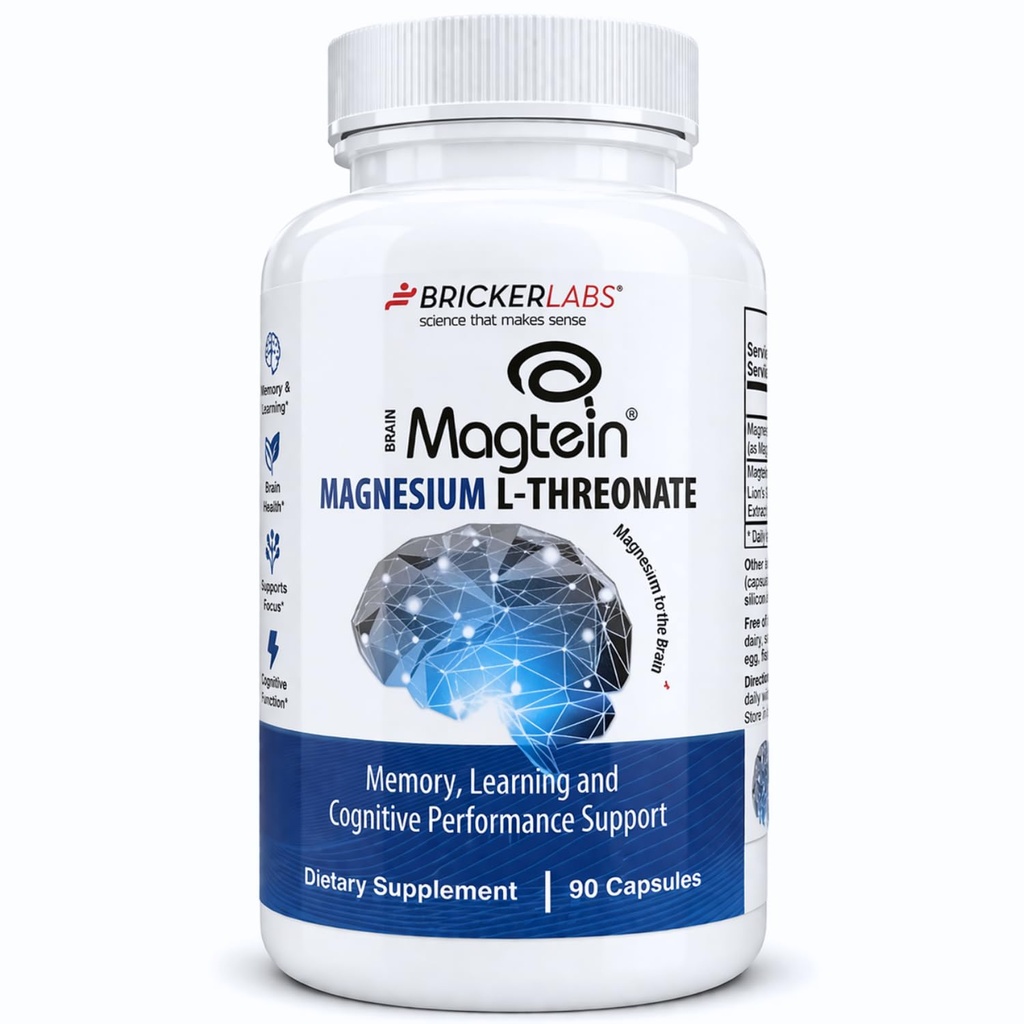 Bricker Labs Magtein® Magnesium L-Threonate Supplement – Brain Health, Memory, Focus, Learning " Cognitive Function Support – 90 Capsules, 30 Servimientos