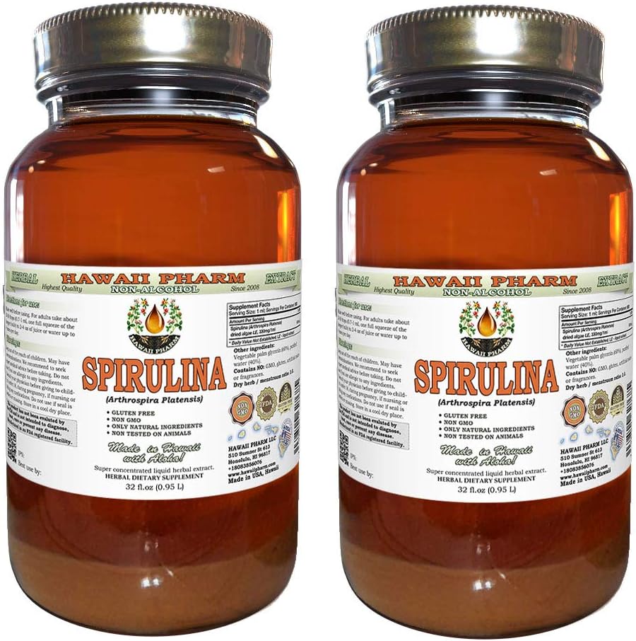 Extracto líquido libre de alcohol Spirulina, Espirulina Orgánica (plaquetas Arthrospira) Dried Algae Glycerite Natural Herbal Suplemento, Hawaii Pharm, USA 2x32 fl.oz