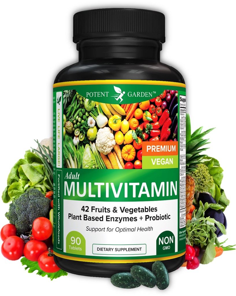 Potent Garden Adult Multivitamin for Women &amp; Men, 42 Fruits & Vegetables Plus Probiotics, Supports Energy Metabolism & Immune System, Daily Multivitamin for Men &amp; Women Non-GMO, 90 Tabs, 30 Servings