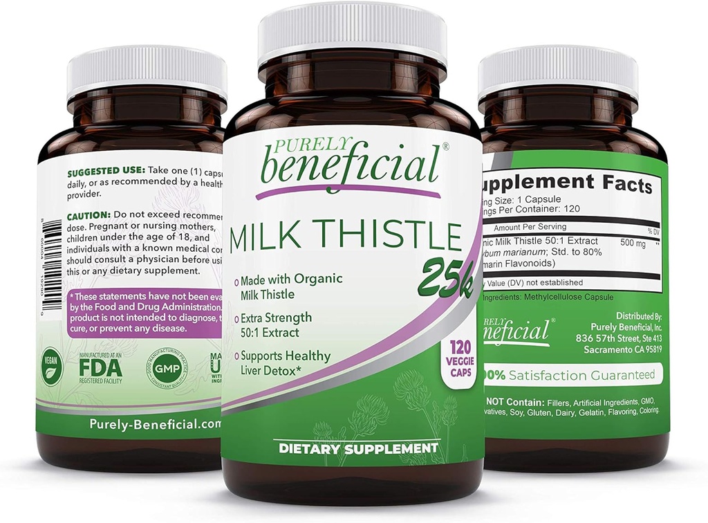 PURELIA beneficiosa Esteto de leche orgánica cápsulas, 50:1 Extracto de esteto de leche, Silybum Marianum 25000 mg Fuerza, Limpiador de hígado & soporte antioxidante, 120 cápsulas de veg, Vegan " No GMO