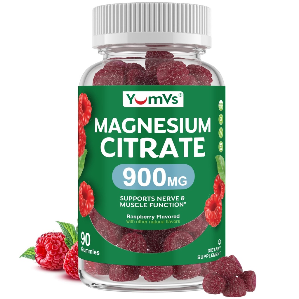 Gummies de Citrato de Magnesio de YUM-V – 900 mg Gummies de Magnesio altamente absorbibles para Hombres de Mujer para apoyar Nerve, Función de Enzima de Muscle & – Sin gluten, Kosher & Raspberry Flavor (90 Conde)