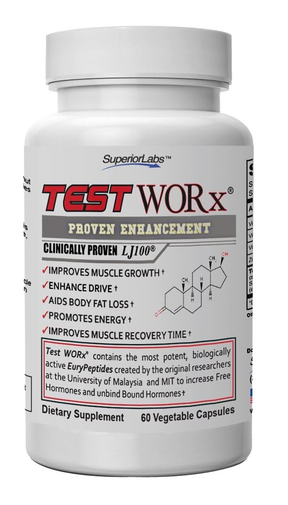Prueba de laboratorios superiores Worx Natural Testosterone suplemento con LJ100 y 8 otros ingredientes potentes - notable aumento de energía, resistencia, recuperación, sueño y humedad