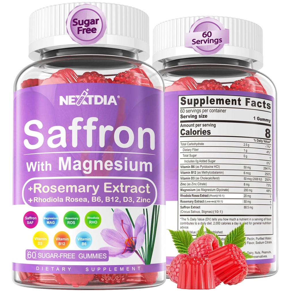 Saffron con Magnesium Glycinate Gummies, 2 Months Supply -Sugar Free Magnesium 400/200mg w/Saffron,Rhodiola,Rosemary, B6,B12,D3 para S-leep, Calm,Focus, Relax, Nerve, Melatonin Free Gummies